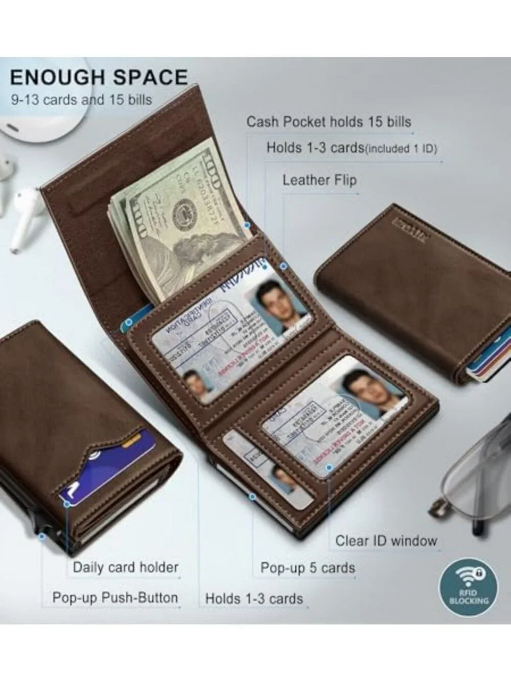 Slim RFID Blocking Wallet for Men - Cash Pocket, 2 ID Windows, Pop-Up Card